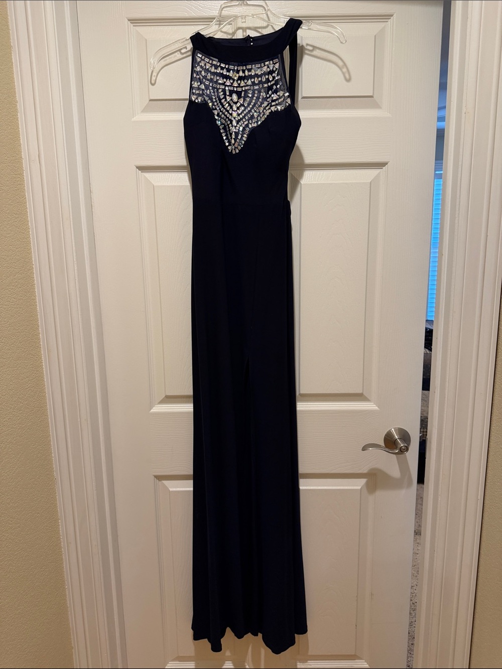 B Darlin Navy Maxi Dress with Beaded Illusion Yoke